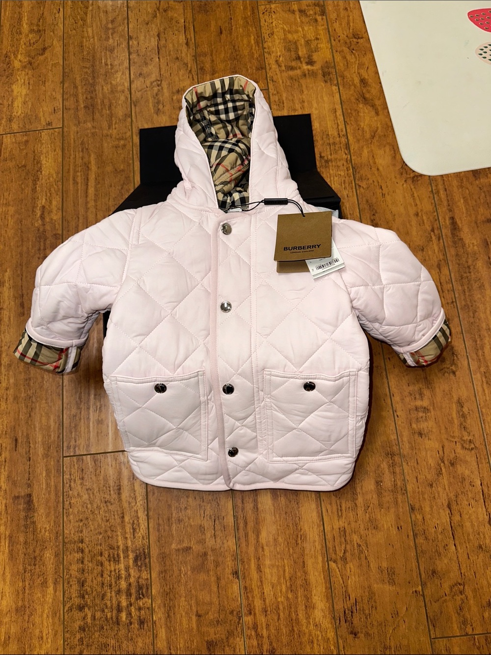 Burberry Light Pink Quilted Hooded Baby Jacket with Check Lining - NWT